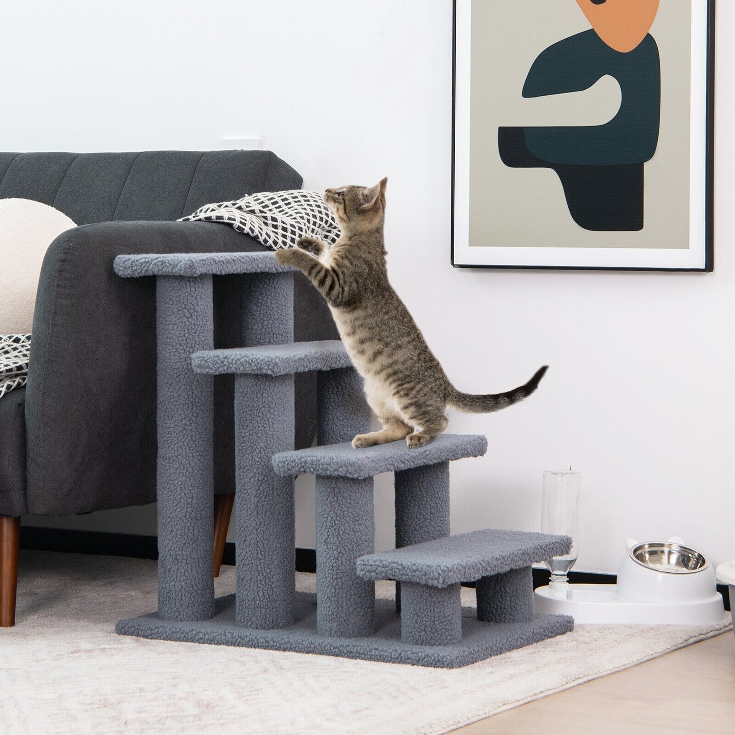 24 Inch 4-Step Pet Stairs Carpeted Ladder Ramp Scratching Post Cat Tree Climber, Gray Cat Trees Condos & Scratchers at Gallery Canada