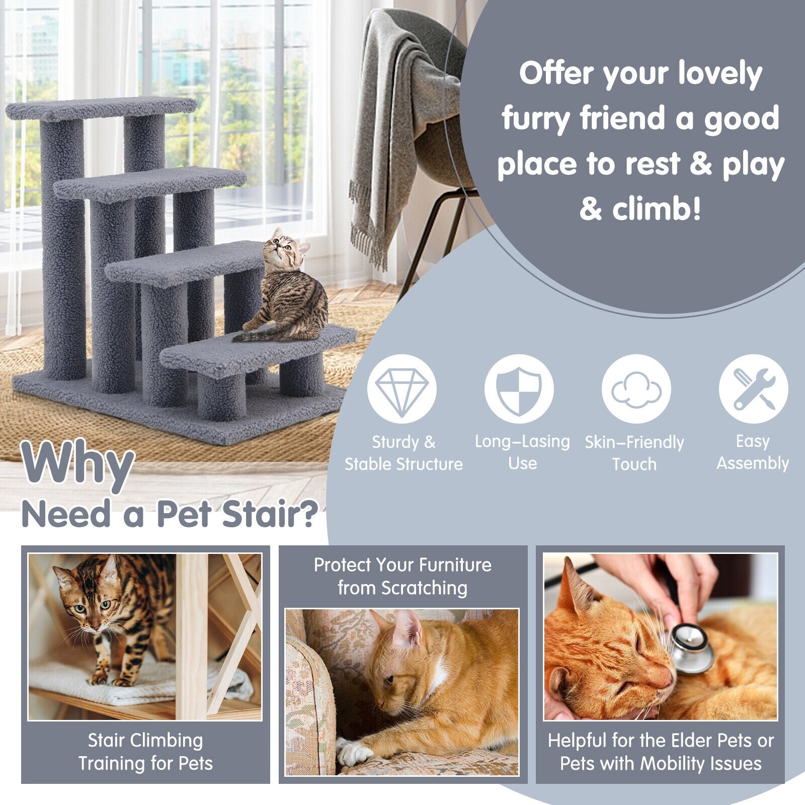 24 Inch 4-Step Pet Stairs Carpeted Ladder Ramp Scratching Post Cat Tree Climber, Gray Cat Trees Condos & Scratchers at Gallery Canada