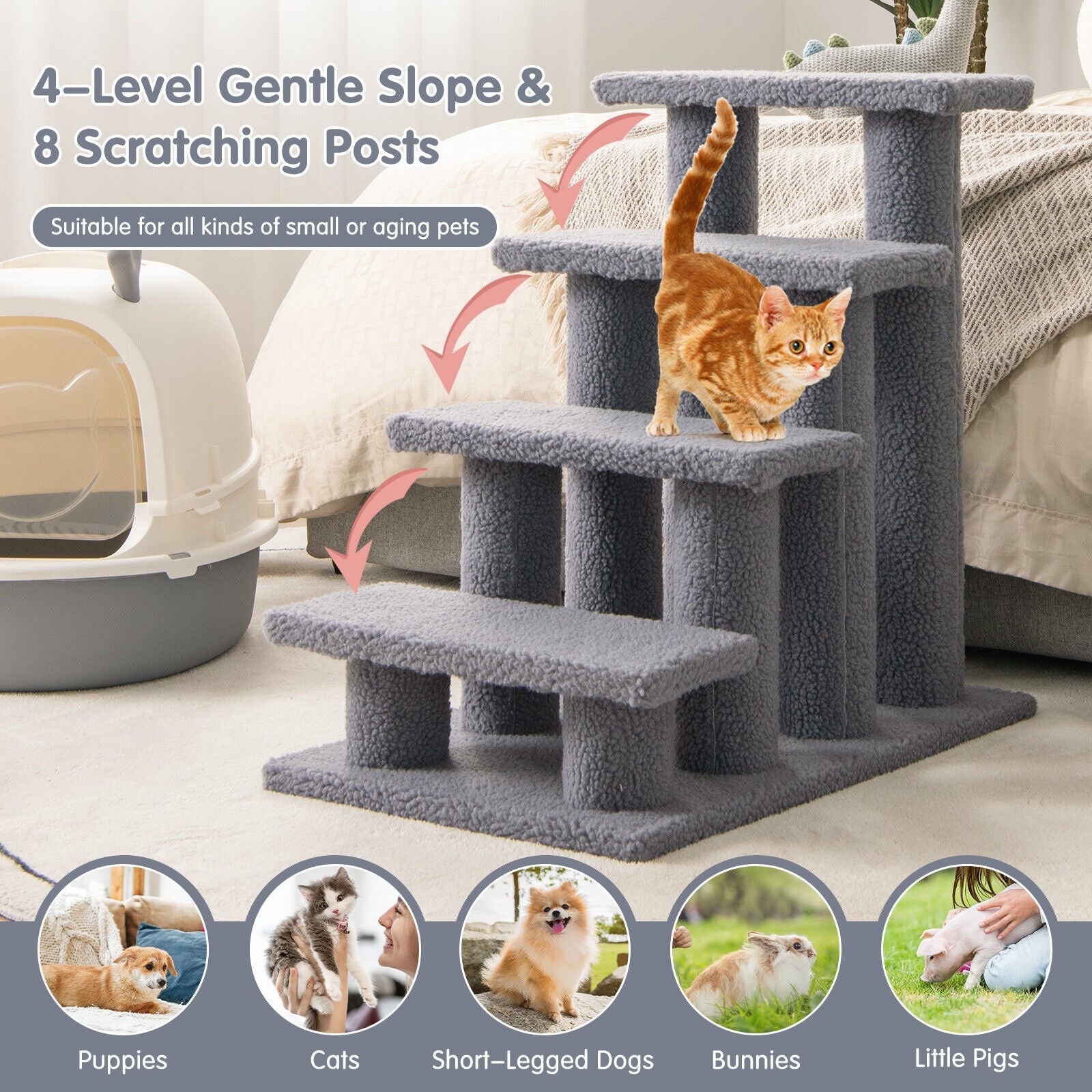 24 Inch 4-Step Pet Stairs Carpeted Ladder Ramp Scratching Post Cat Tree Climber, Gray Cat Trees Condos & Scratchers at Gallery Canada