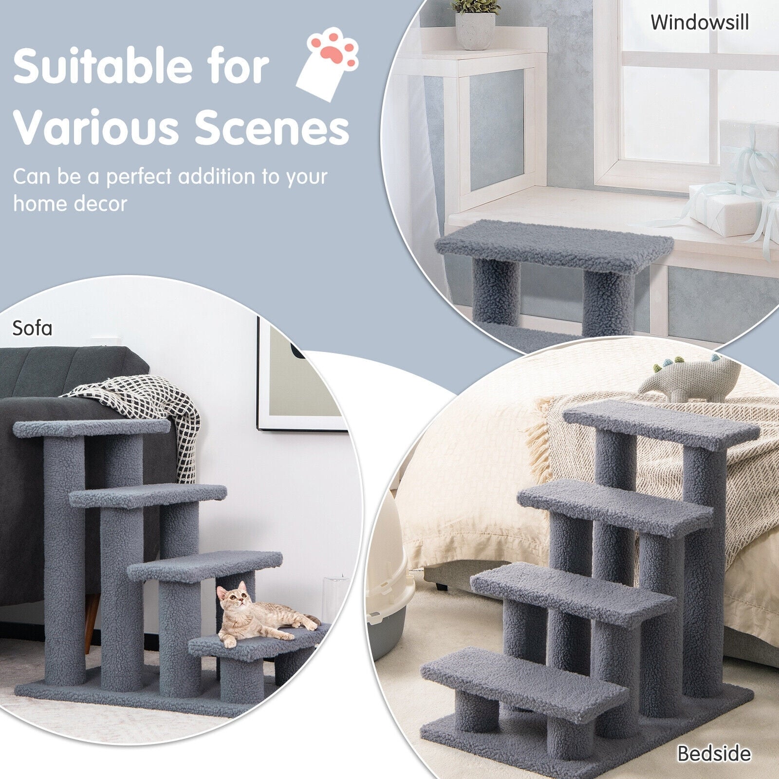 24 Inch 4-Step Pet Stairs Carpeted Ladder Ramp Scratching Post Cat Tree Climber, Gray Cat Trees Condos & Scratchers at Gallery Canada