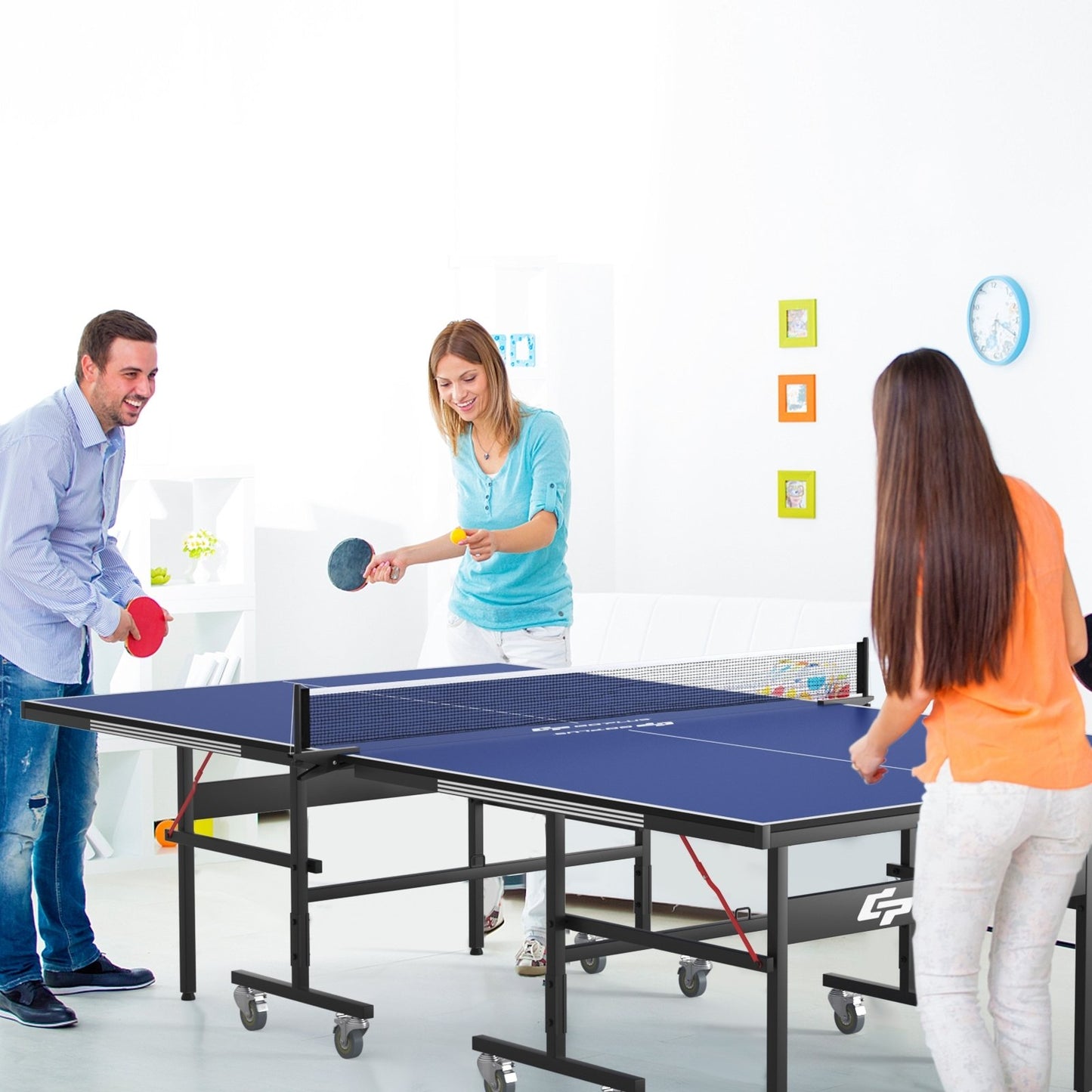 9 x 5 Feet Foldable Table Tennis Table with Quick Clamp Net and Post Set, Blue