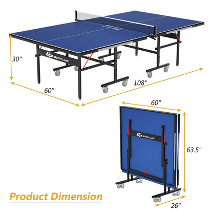 9 x 5 Feet Foldable Table Tennis Table with Quick Clamp Net and Post Set, Blue