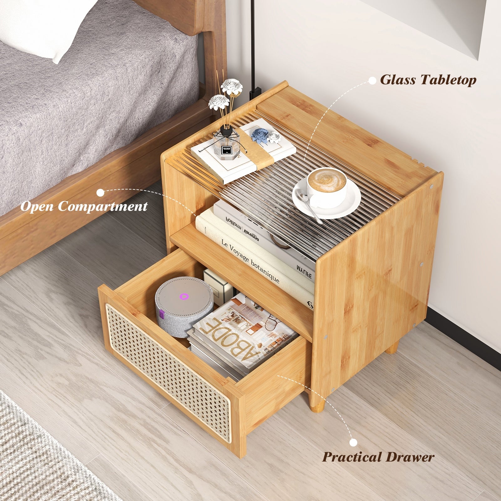 2 Pieces Bamboo Rattan Nightstand with Drawer and Solid Wood Legs, Natural Nightstands at Gallery Canada