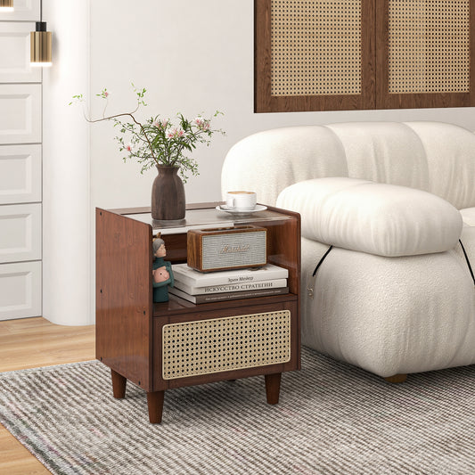 2 Pieces Bamboo Rattan Nightstand with Drawer and Solid Wood Legs, Brown Nightstands Brown at Gallery Canada