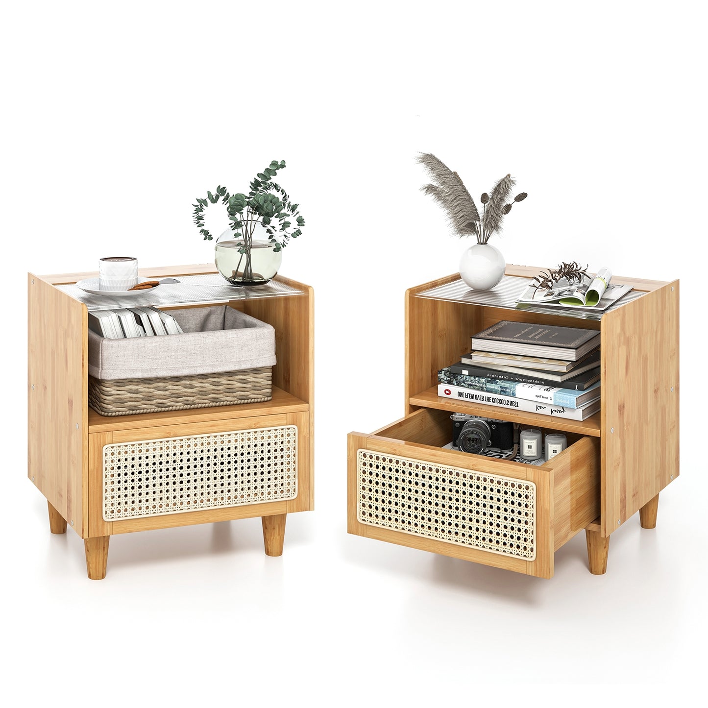 2 Pieces Bamboo Rattan Nightstand with Drawer and Solid Wood Legs, Natural Nightstands at Gallery Canada