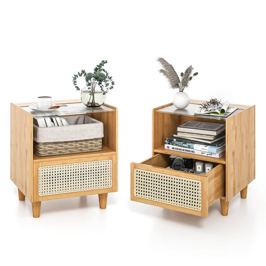 Bamboo Rattan Nightstand With Drawer, Solid Wood Legs, Natural Nightstands Natural at Gallery Canada