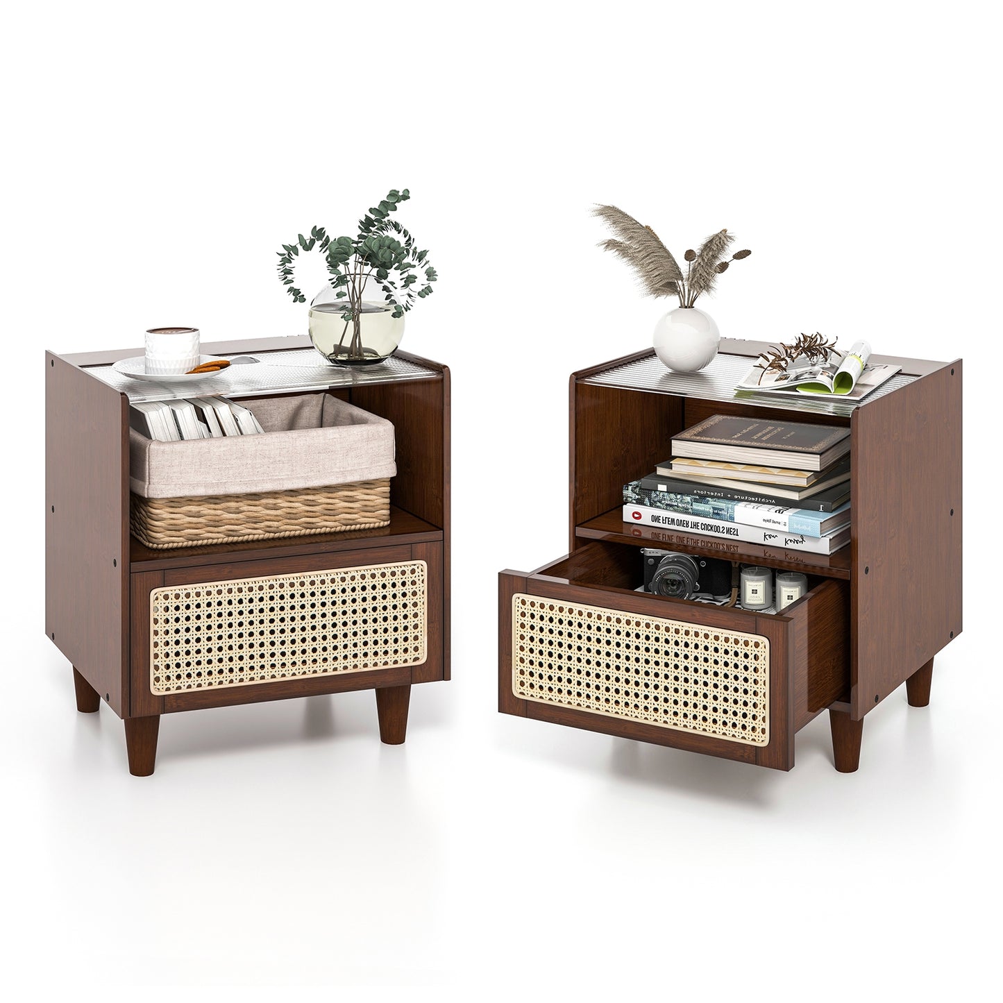 2 Pieces Bamboo Rattan Nightstand with Drawer and Solid Wood Legs, Brown Nightstands at Gallery Canada