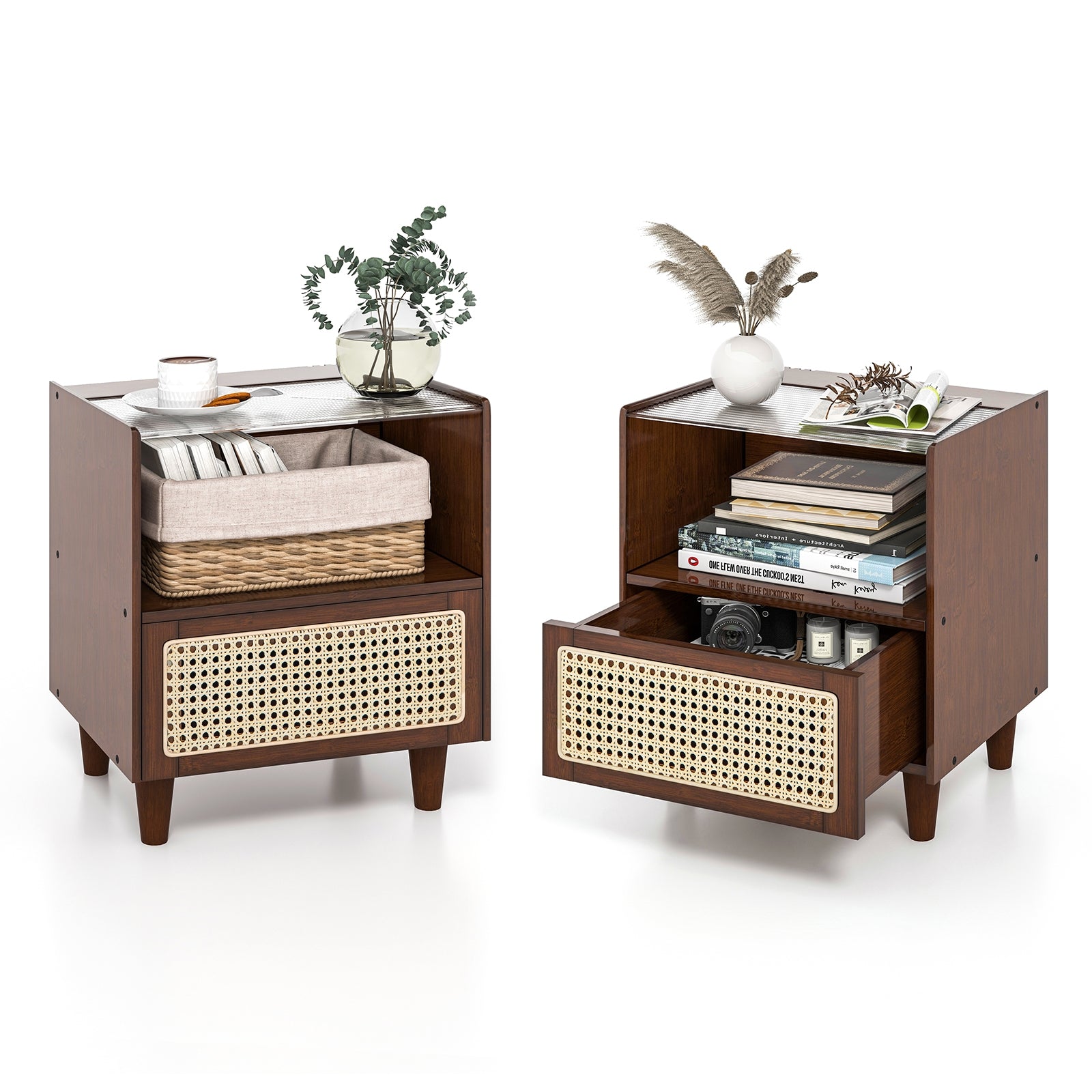 2 Pieces Bamboo Rattan Nightstand with Drawer and Solid Wood Legs, Brown Nightstands at Gallery Canada