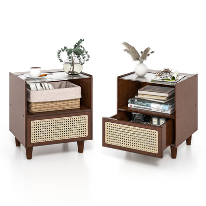 2 Pieces Bamboo Rattan Nightstand with Drawer and Solid Wood Legs, Brown Nightstands at Gallery Canada