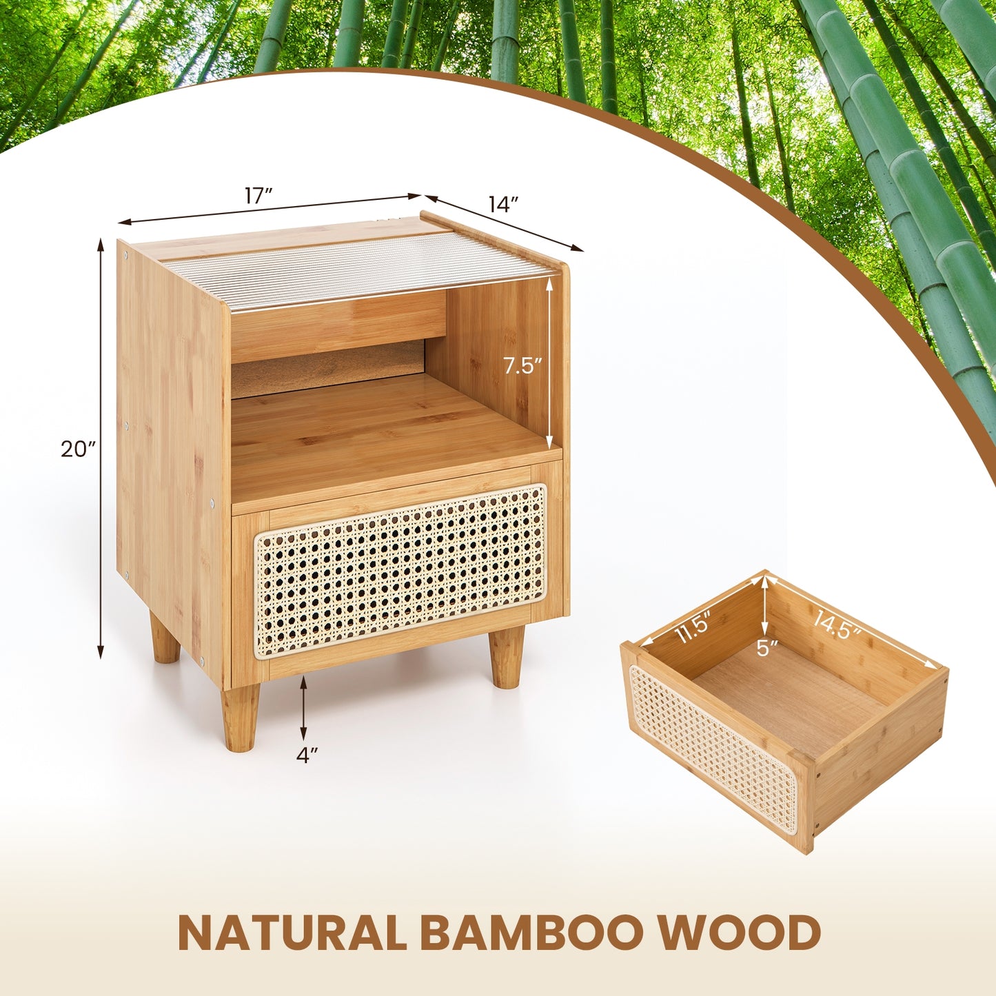 2 Pieces Bamboo Rattan Nightstand with Drawer and Solid Wood Legs, Natural Nightstands at Gallery Canada