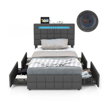 Upholstered LED Bed Frame with Headboard and 4 Drawers-Twin Size, Gray Simple Bed Frame Twin Size at Gallery Canada
