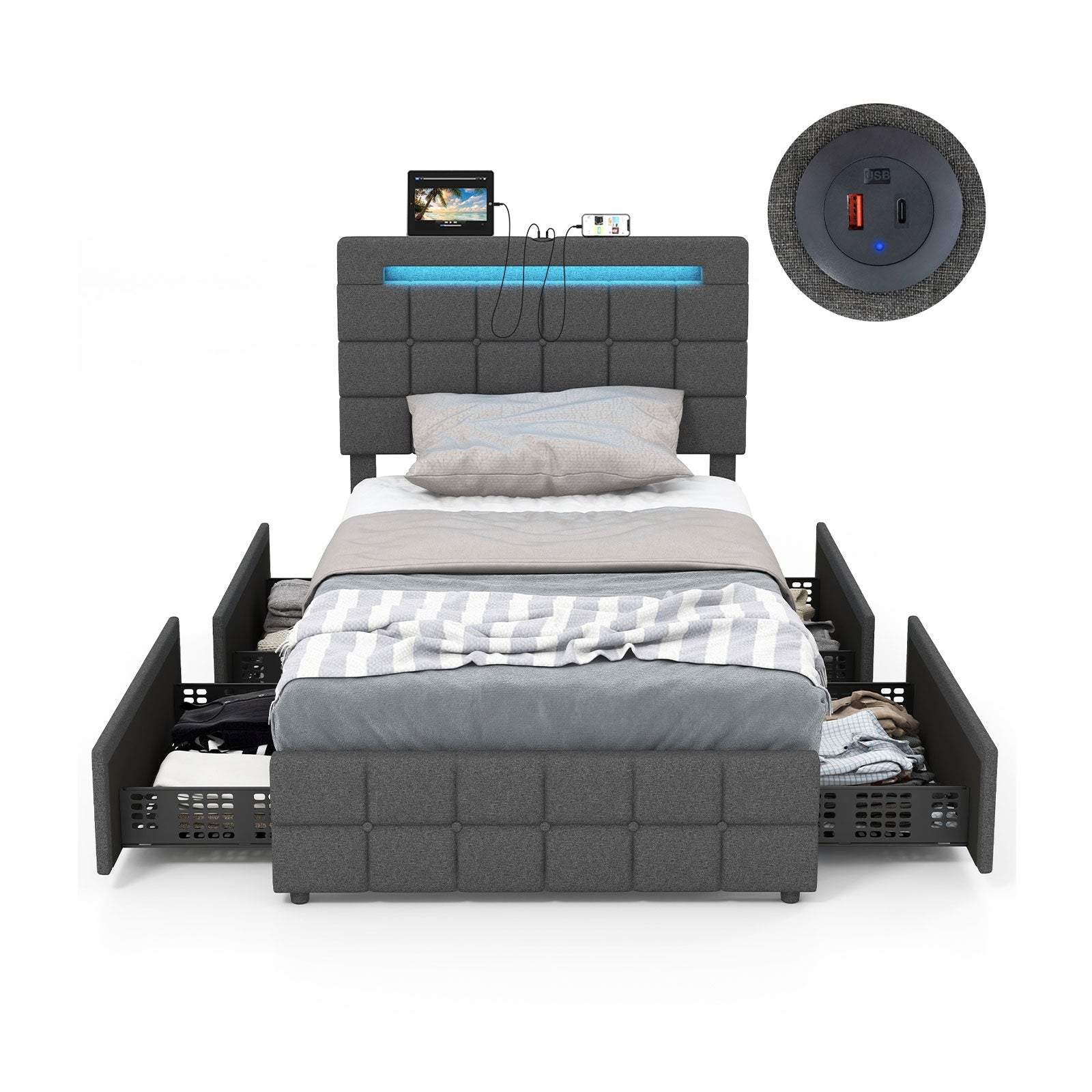Upholstered LED Bed Frame with Headboard and 4 Drawers-Twin Size, Gray Simple Bed Frame Twin Size at Gallery Canada