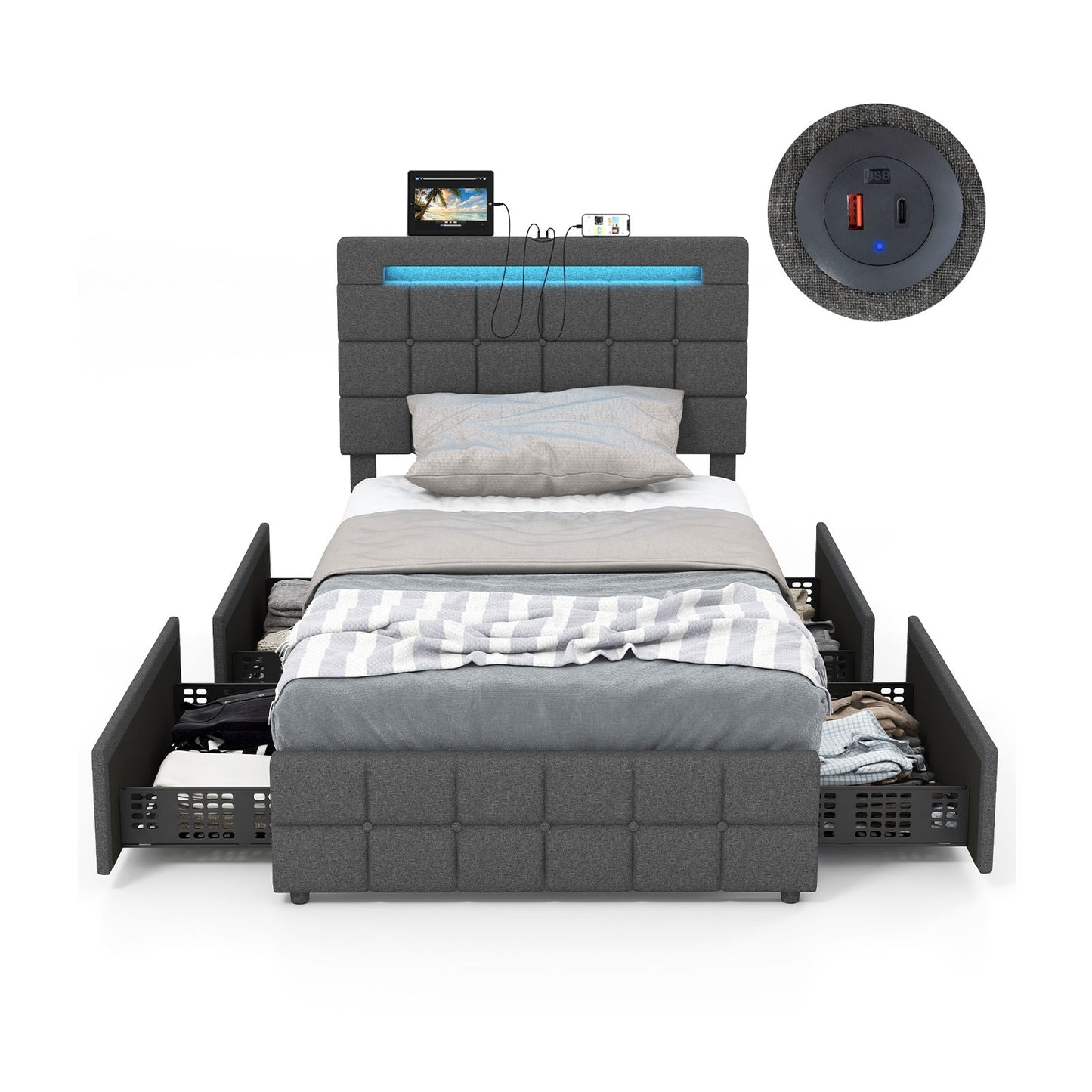 Upholstered LED Bed Frame with Headboard and 4 Drawers-Twin Size, Gray Simple Bed Frame Twin Size at Gallery Canada