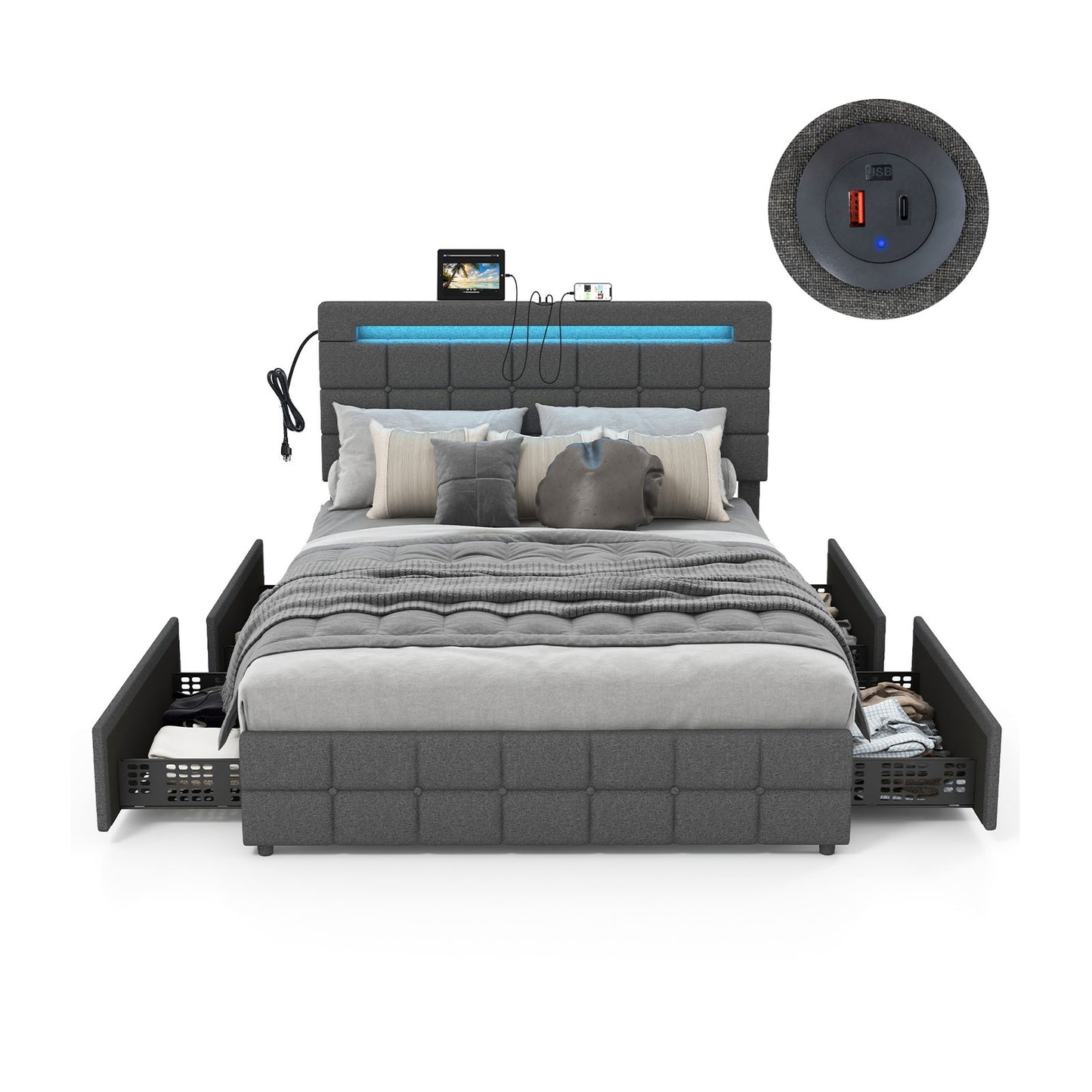 Upholstered LED Bed Frame with Headboard and 4 Drawers-Full Size, Gray Simple Bed Frame at Gallery Canada
