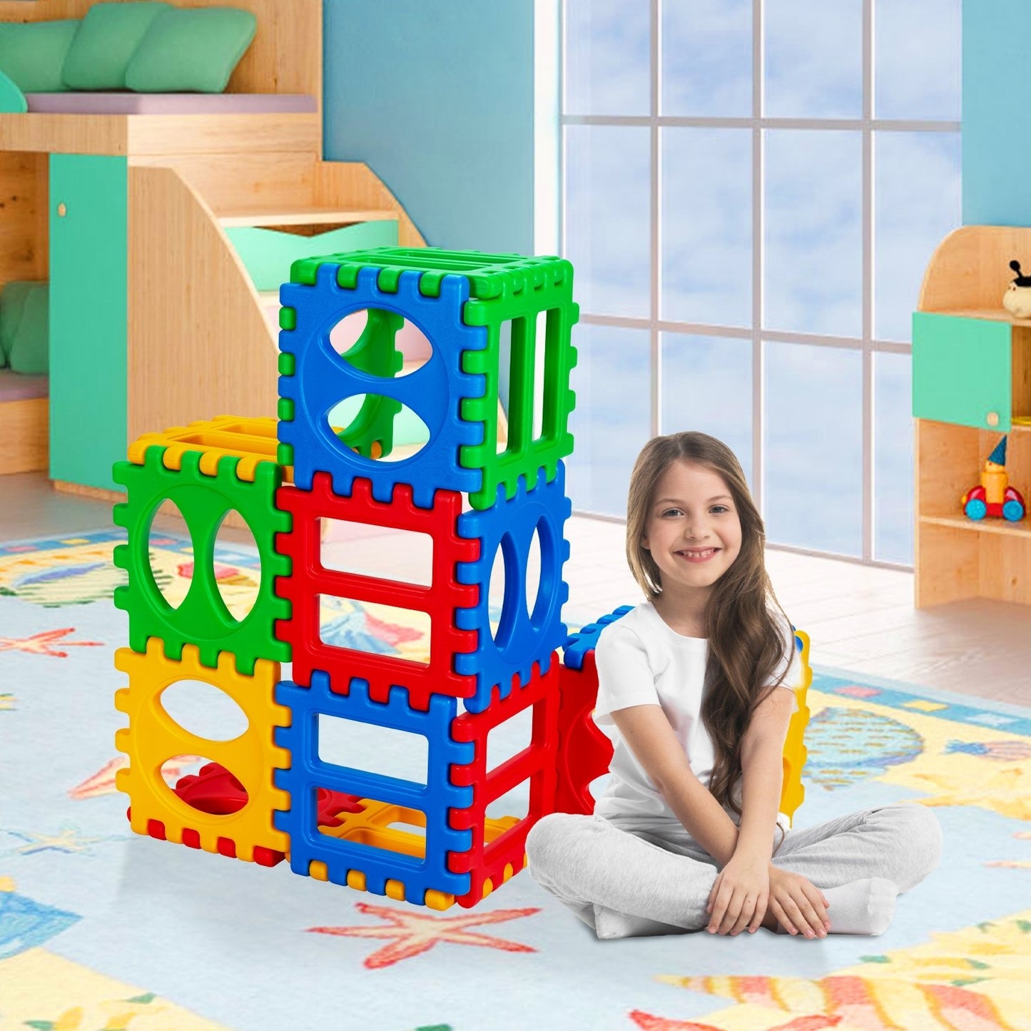 32 Pieces Big Waffle Block Set Kids Educational Stacking Building Toy, Multicolor