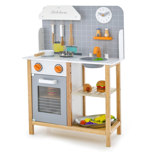 Wooden Toddler Pretend Kitchen Set with Cookware Accessories for Boys and Girls-Grey, Gray