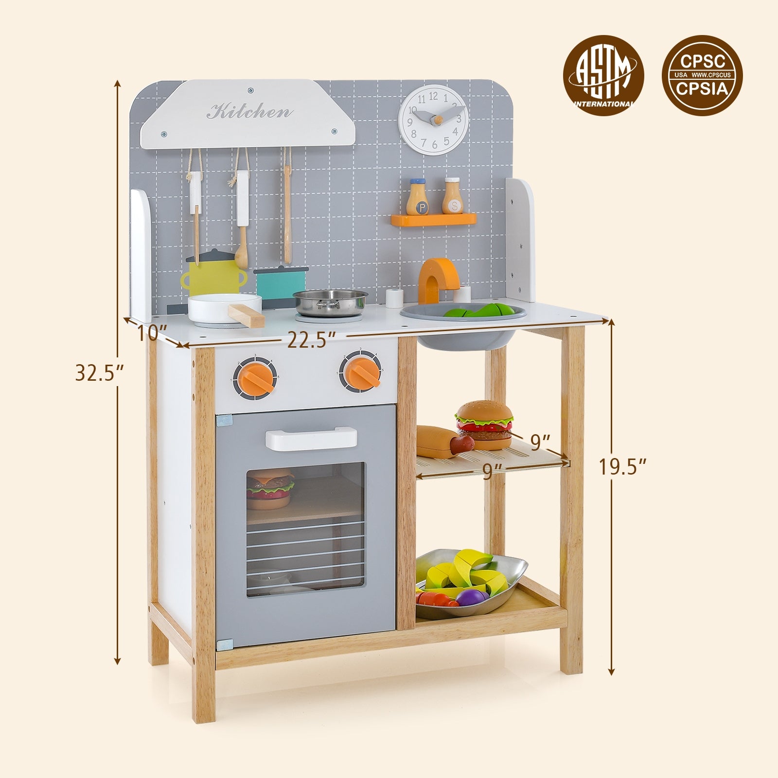 Wooden Toddler Pretend Kitchen Set with Cookware Accessories for Boys and Girls-Grey, Gray Play Kitchen Sets at Gallery Canada
