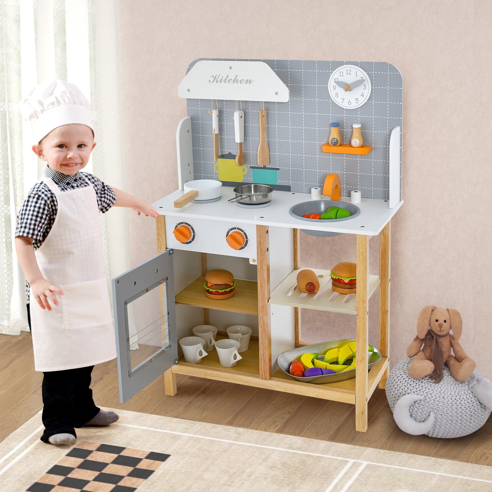 Wooden Toddler Pretend Kitchen Set with Cookware Accessories for Boys and Girls-Grey, Gray Play Kitchen Sets at Gallery Canada