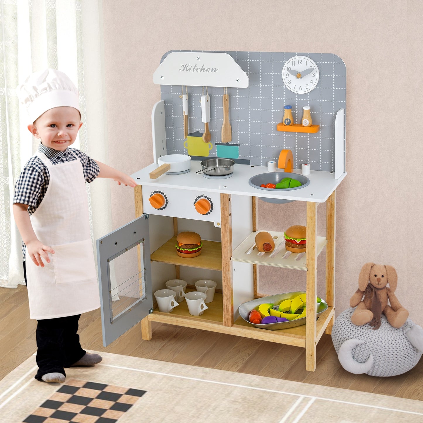 Wooden Toddler Pretend Kitchen Set with Cookware Accessories for Boys and Girls-Grey, Gray Play Kitchen Sets at Gallery Canada
