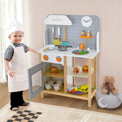 Wooden Toddler Pretend Kitchen Set with Cookware Accessories for Boys and Girls-Grey, Gray Play Kitchen Sets at Gallery Canada