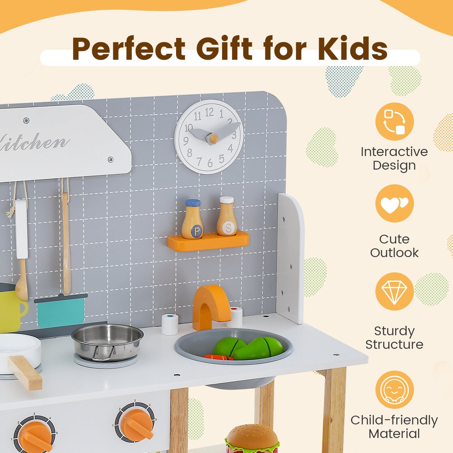 Wooden Toddler Pretend Kitchen Set with Cookware Accessories for Boys and Girls-Grey, Gray Play Kitchen Sets at Gallery Canada
