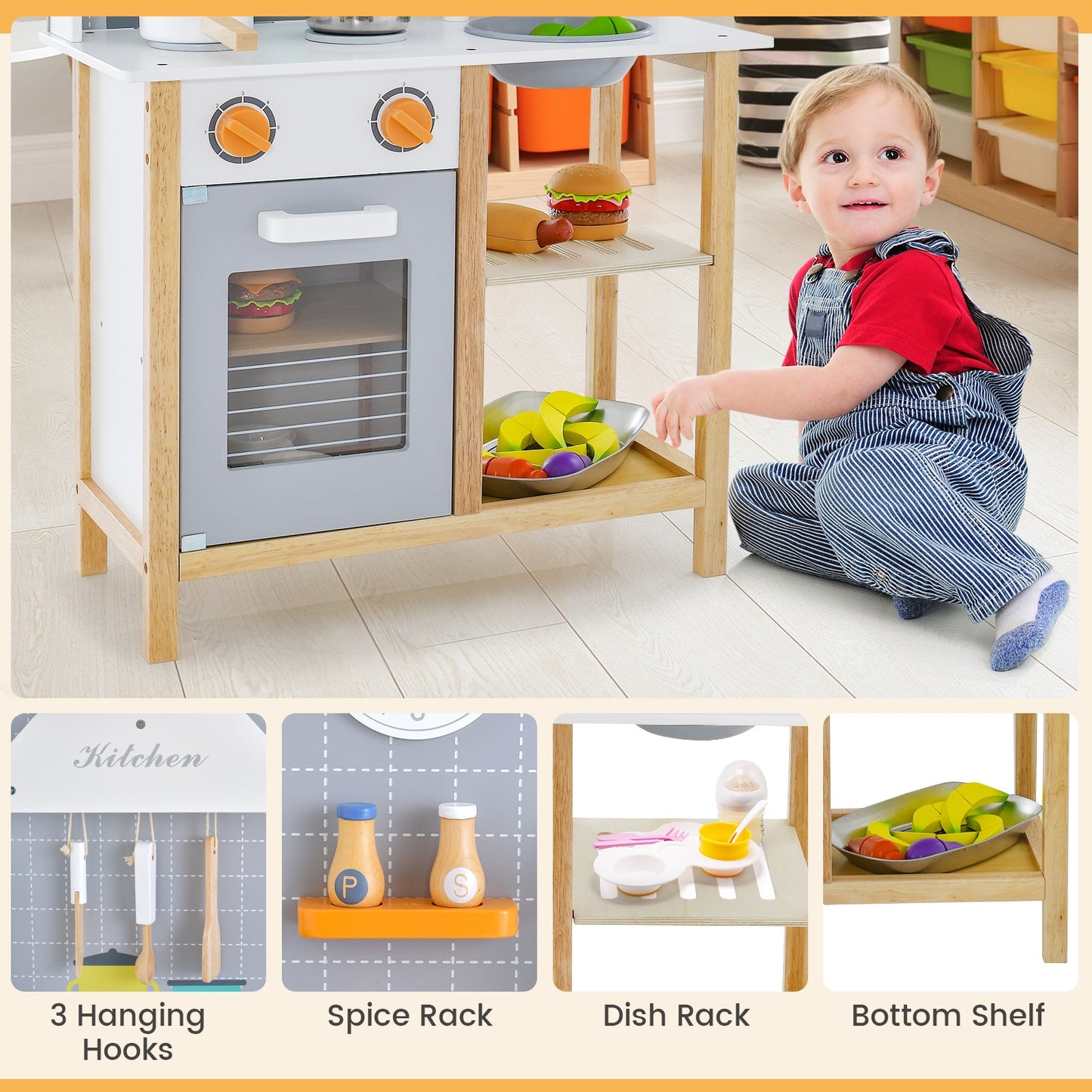 Wooden Toddler Pretend Kitchen Set with Cookware Accessories for Boys and Girls-Grey, Gray Play Kitchen Sets at Gallery Canada
