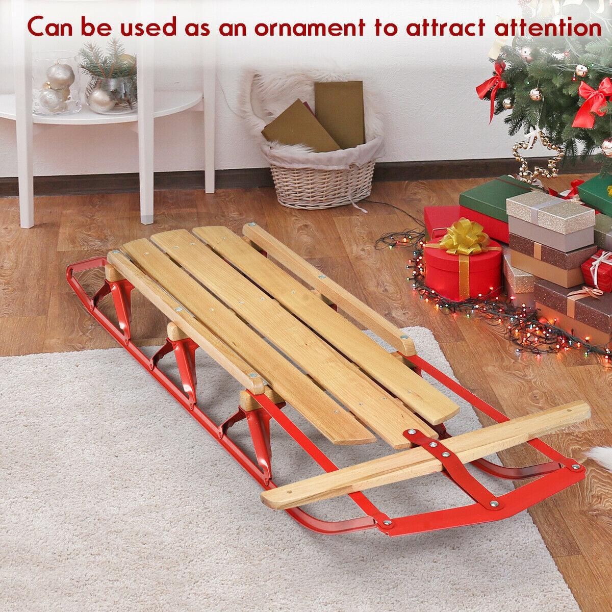 54 Inch Kids Wooden Snow Sled with Metal Runners and Steering Bar, Red Winter Sports & Activities at Gallery Canada
