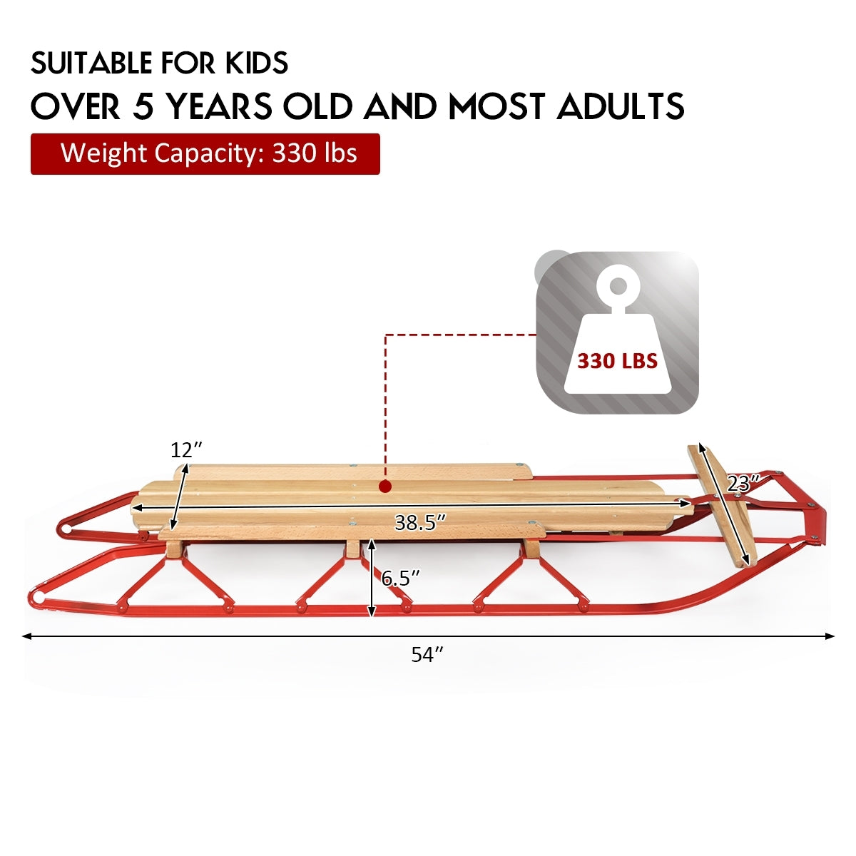 54 Inch Kids Wooden Snow Sled with Metal Runners and Steering Bar, Red Winter Sports & Activities at Gallery Canada