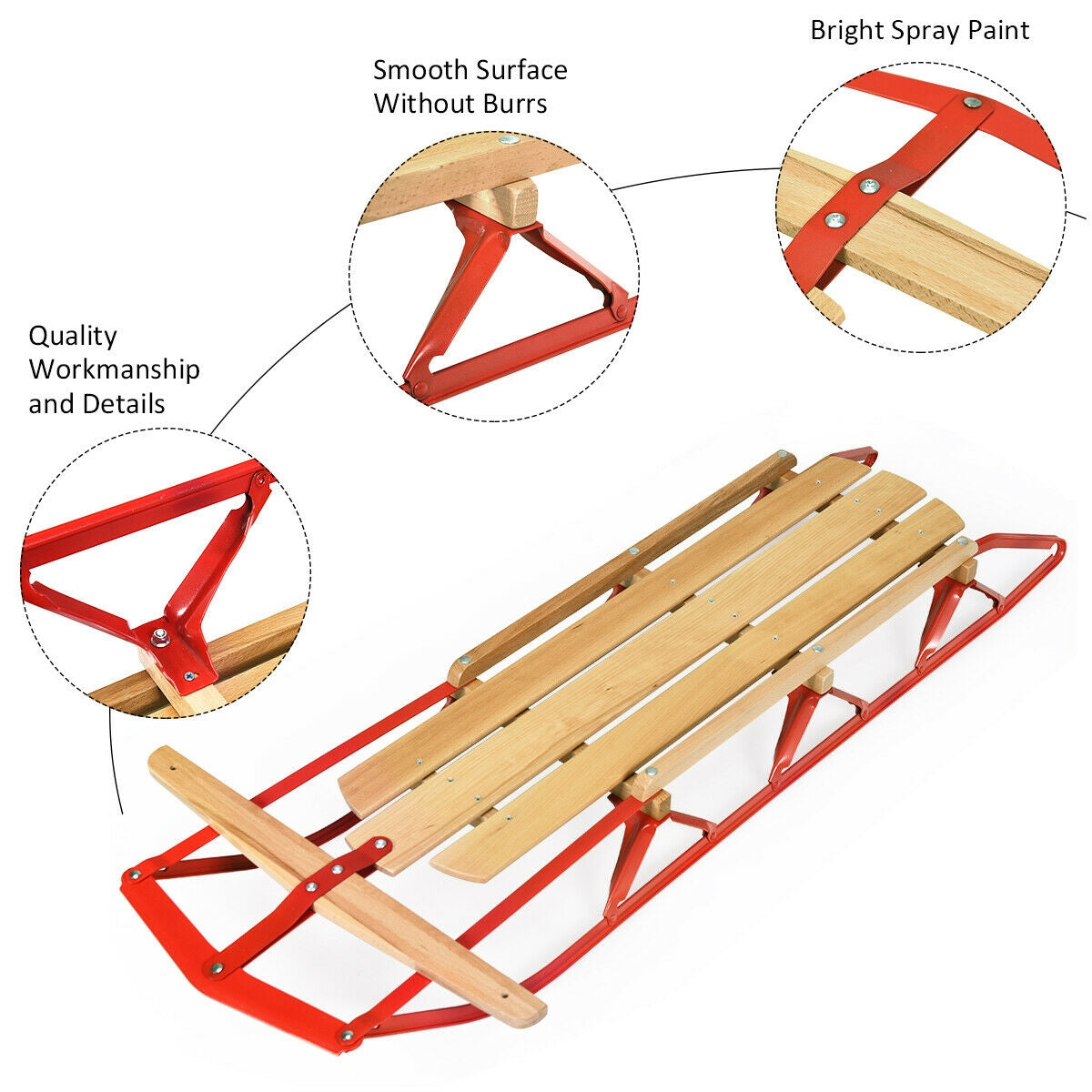 54 Inch Kids Wooden Snow Sled with Metal Runners and Steering Bar, Red Winter Sports & Activities at Gallery Canada