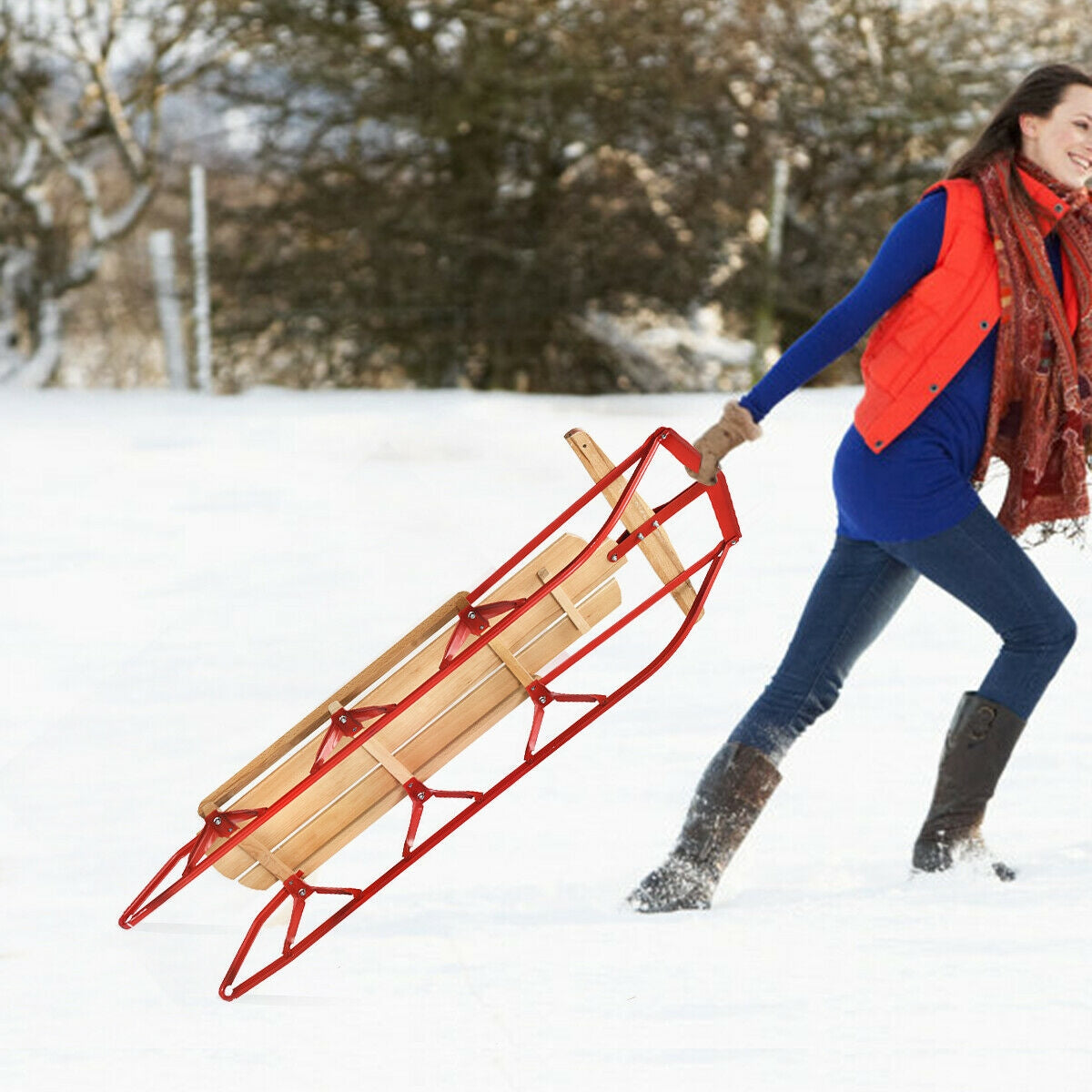 54 Inch Kids Wooden Snow Sled with Metal Runners and Steering Bar, Red Winter Sports & Activities at Gallery Canada