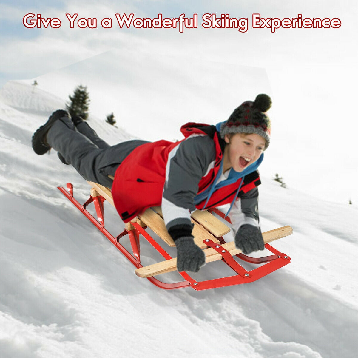 54 Inch Kids Wooden Snow Sled with Metal Runners and Steering Bar, Red Winter Sports & Activities at Gallery Canada