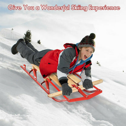 54 Inch Kids Wooden Snow Sled with Metal Runners and Steering Bar, Red Winter Sports & Activities at Gallery Canada