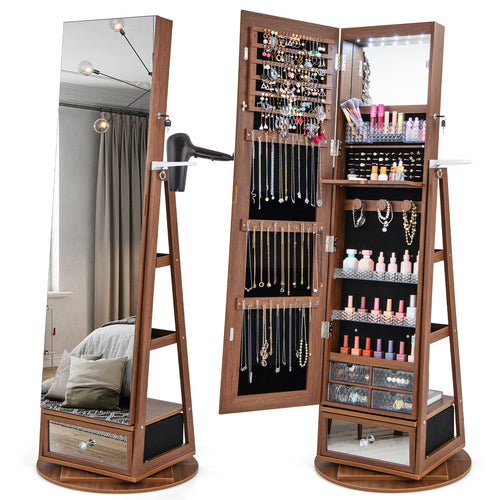 Lockable 360° Swivel Jewelry Cabinet, Full-Length Mirror LED Lights, Walnut