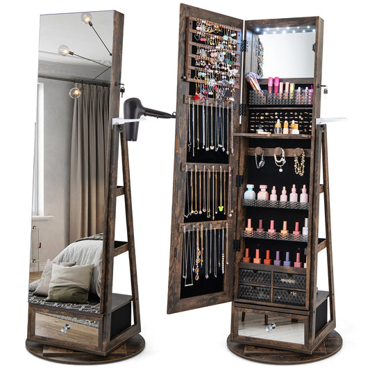 Lockable 360° Swivel Jewelry Cabinet with Full-Length Mirror LED Lights, Rustic Brown Jewelry Armoires Rustic Brown at Gallery Canada