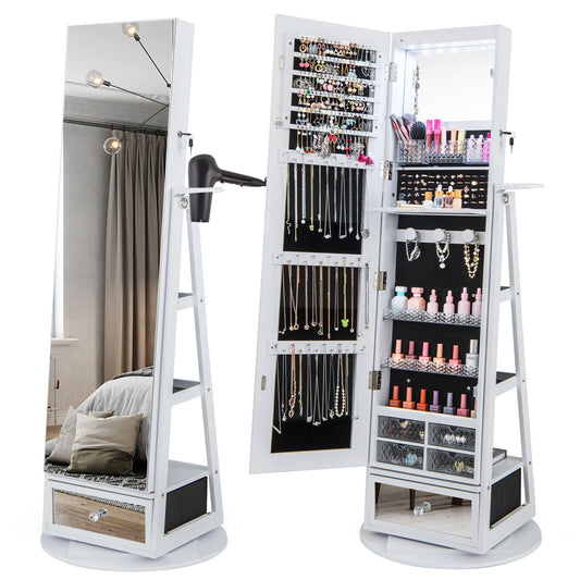 Lockable 360° Swivel Jewelry Cabinet, Full-Length Mirror LED Lights, White Jewelry Armoires White at Gallery Canada