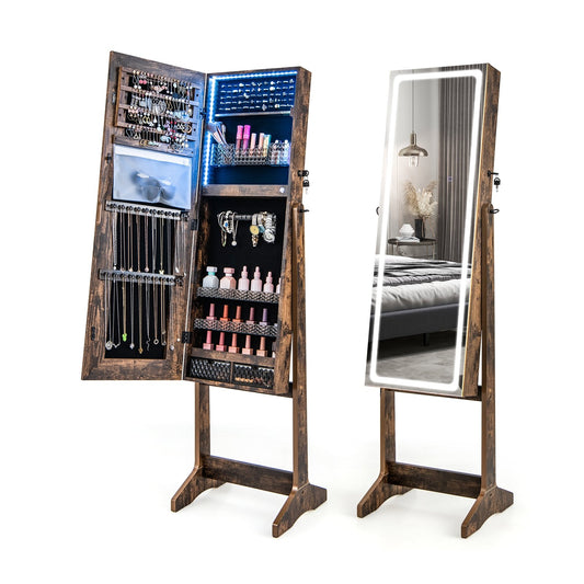 Lockable Jewelry Armoire Standing Cabinet with Lighted Full-Length Mirror, Rustic Brown