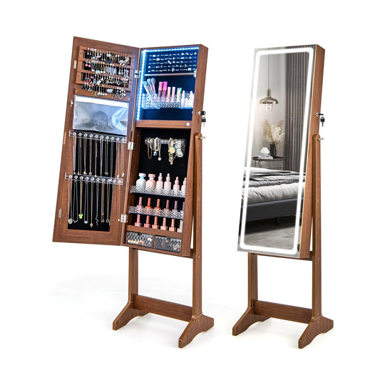 Lockable Jewelry Armoire Standing Cabinet with Lighted Full-Length Mirror, Walnut