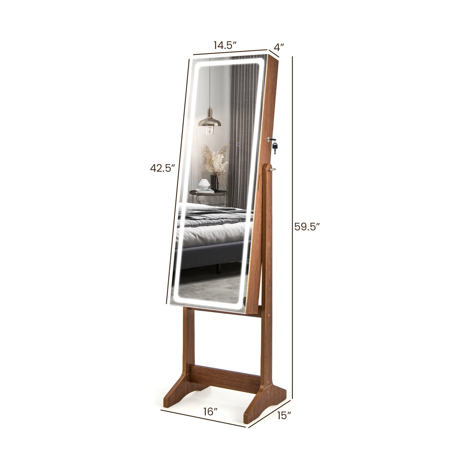 Lockable Jewelry Armoire Standing Cabinet with Lighted Full-Length Mirror, Walnut at Gallery Canada
