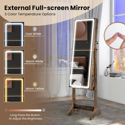 Lockable Jewelry Armoire Standing Cabinet with Lighted Full-Length Mirror, Rustic Brown at Gallery Canada