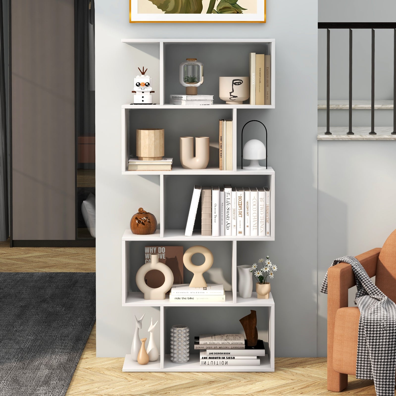 5-Tier Bookshelf with Anti-Toppling Device for Living Room Home Office, White Bookcases at Gallery Canada