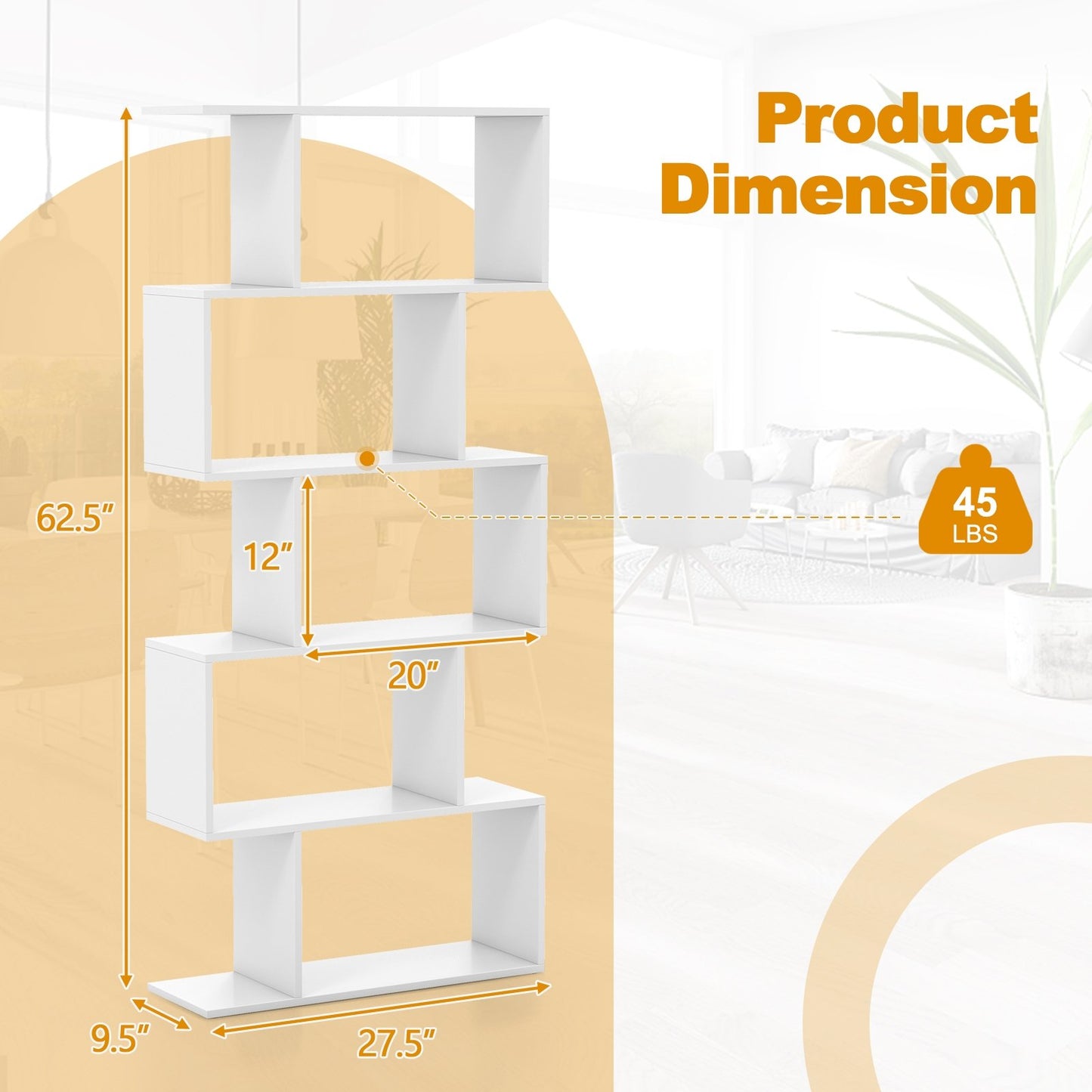 5-Tier Bookshelf with Anti-Toppling Device for Living Room Home Office, White - Gallery Canada