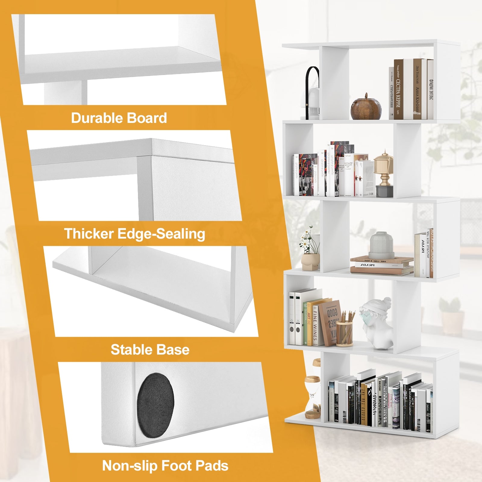 5-Tier Bookshelf with Anti-Toppling Device for Living Room Home Office, White Bookcases at Gallery Canada