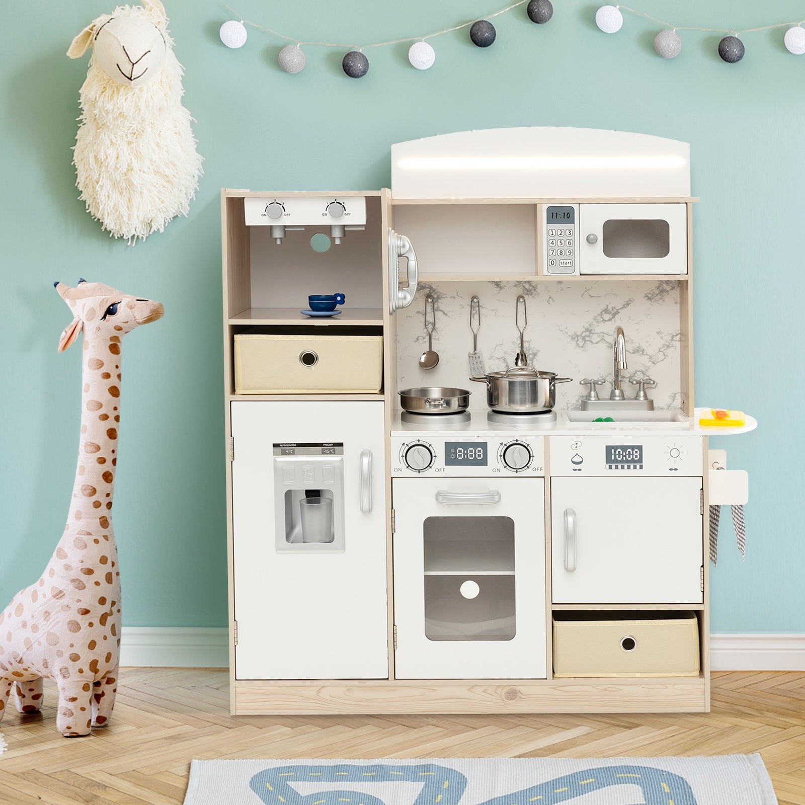 Kids Kitchen Playset with Adjustable LED Lights Removable Fabric Bins, White Play Kitchen Sets at Gallery Canada