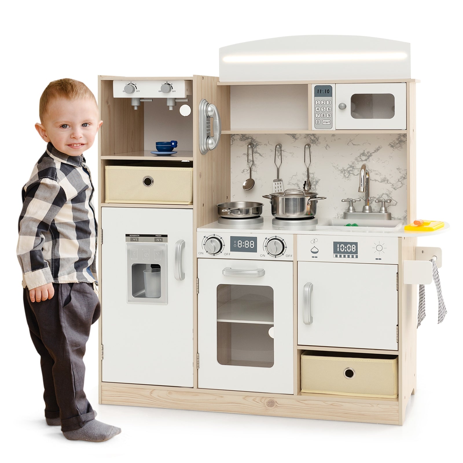 Kids Kitchen Playset with Adjustable LED Lights Removable Fabric Bins, White Play Kitchen Sets at Gallery Canada