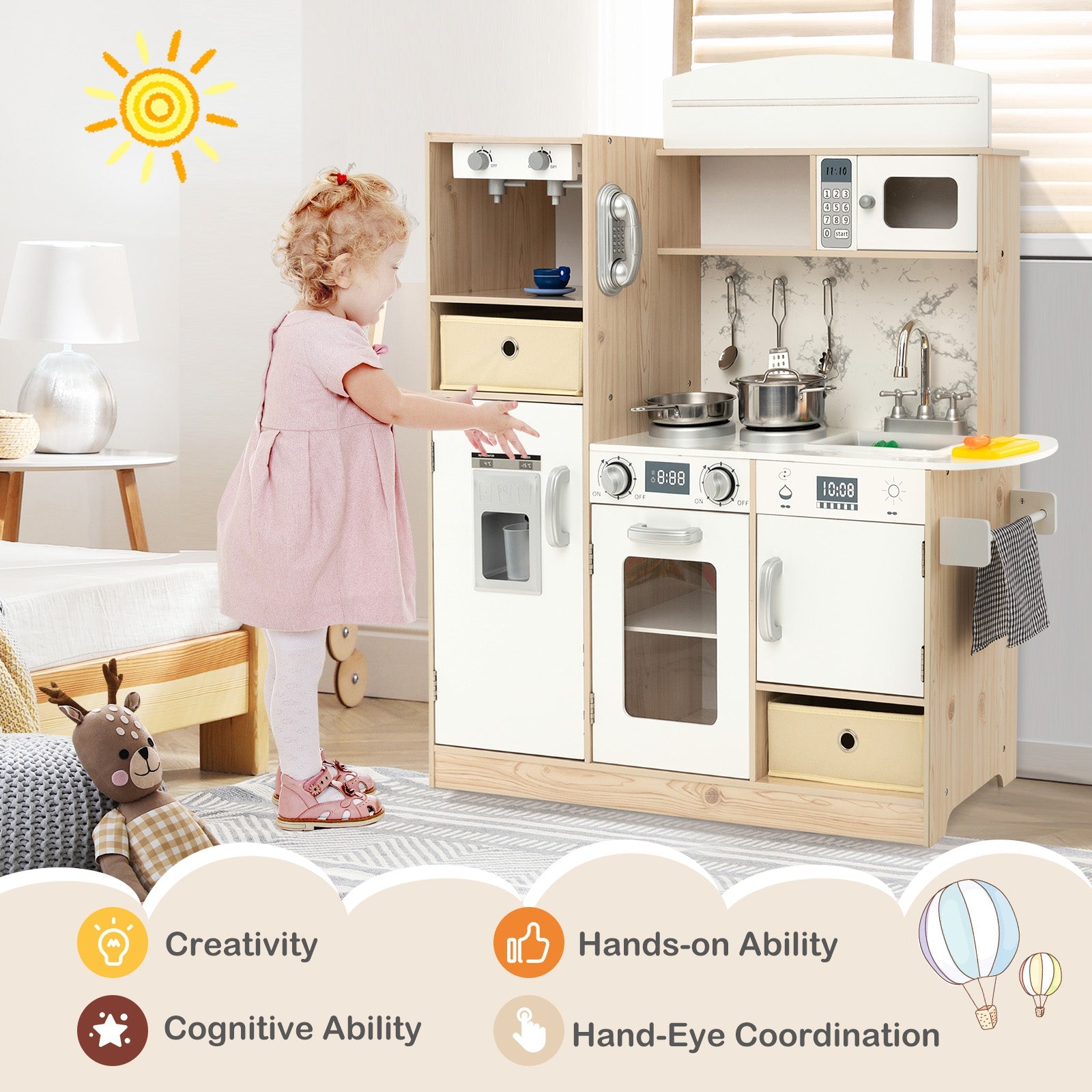 Kids Kitchen Playset with Adjustable LED Lights Removable Fabric Bins, White Play Kitchen Sets at Gallery Canada