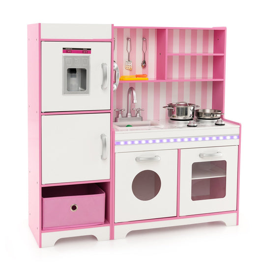 Kids Kitchen Playset Wooden Toy with Adjustable LED Lights and Washing Machine, Pink