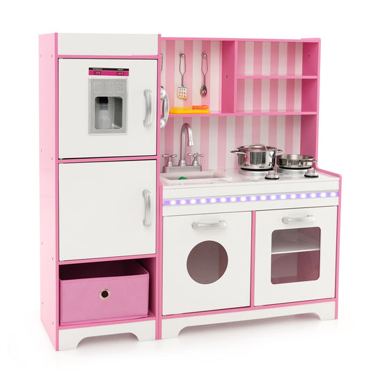 Kids Kitchen Playset, Wooden Toy With Adjustable LED Lights, Pink Play Kitchen Sets Pink at Gallery Canada