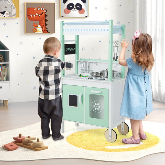 Double-sided Pretend Play Kitchen with Remote Control and LED Light Bars, Green - Gallery Canada