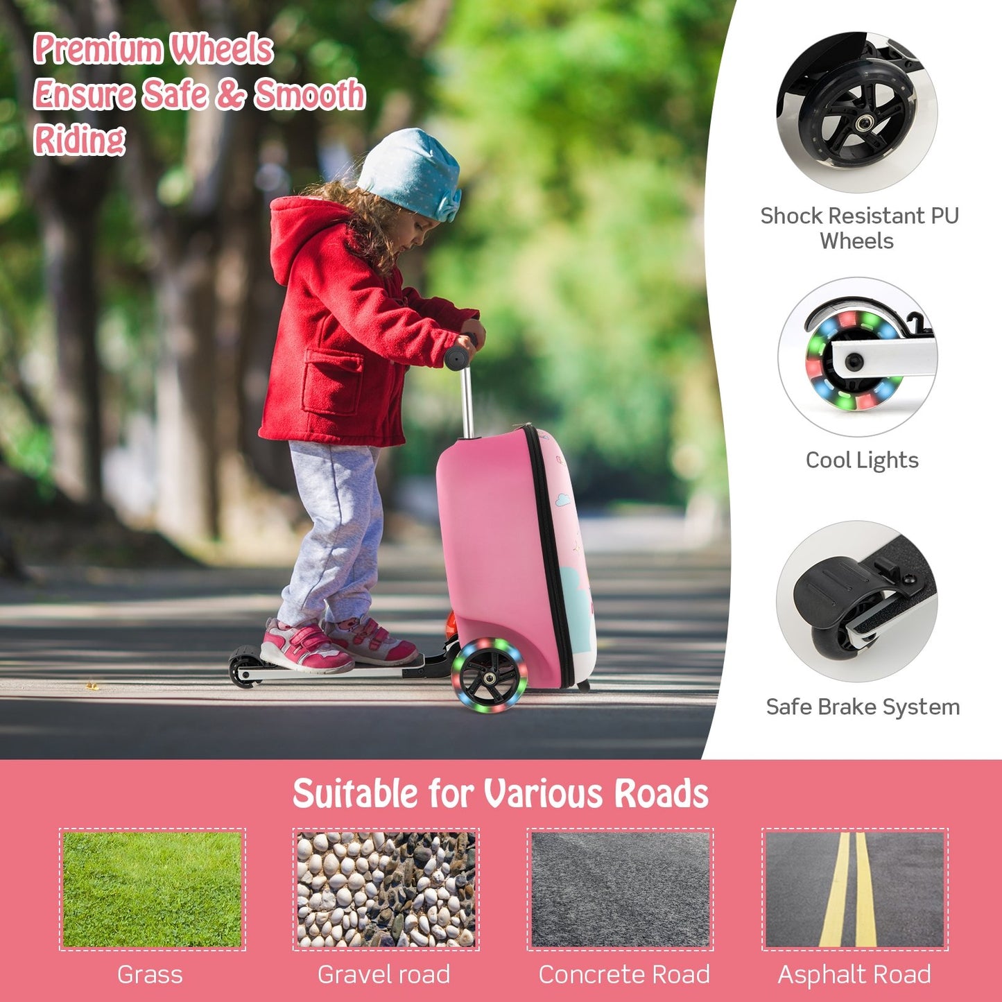 Hardshell Ride-on Suitcase Scooter with LED Flashing Wheels, Black & Pink