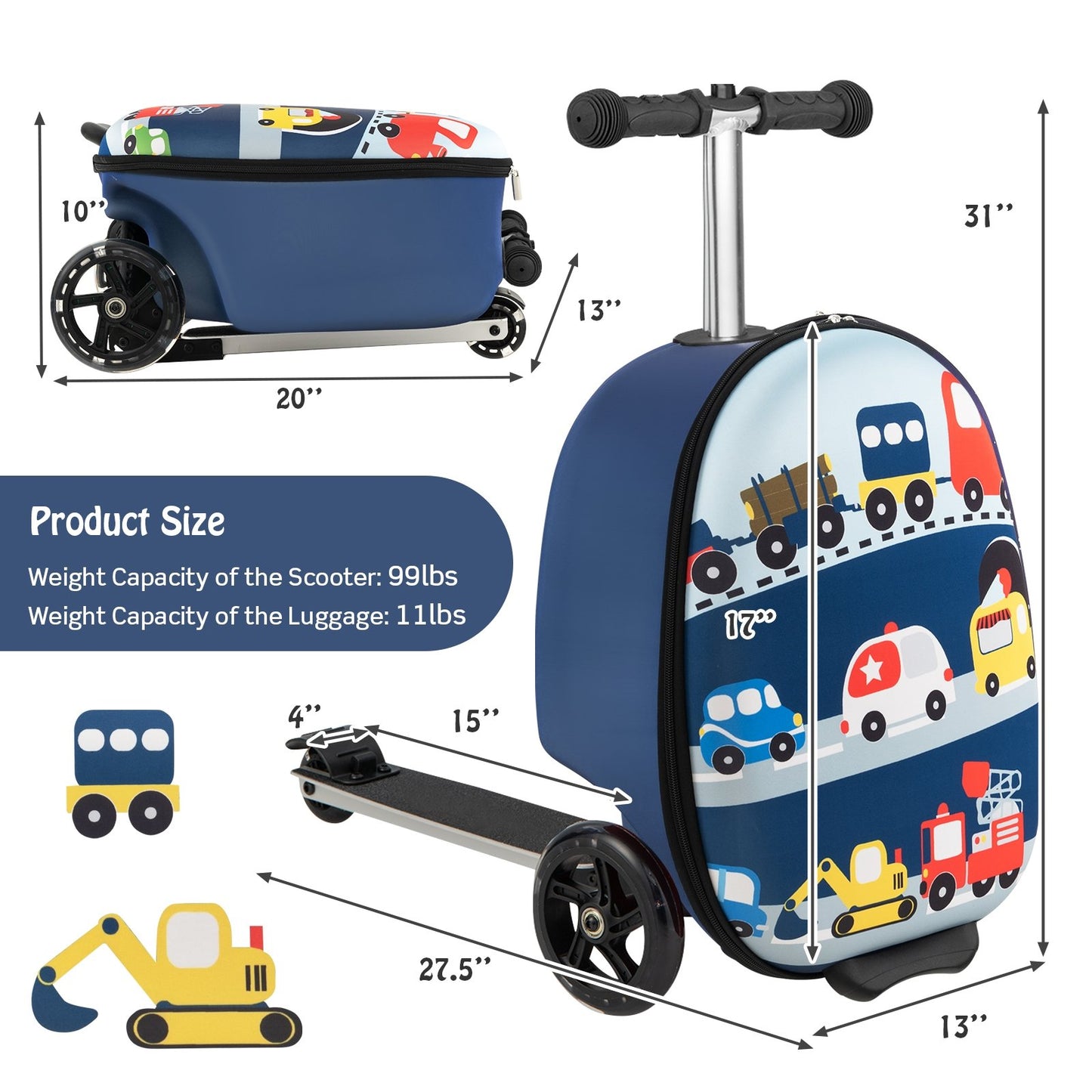 Hardshell Ride-on Suitcase Scooter with LED Flashing Wheels, Blue
